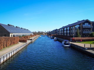 View of the contemporary architecture and water canals of the Christianshavn district in Copenhagen, Denmark