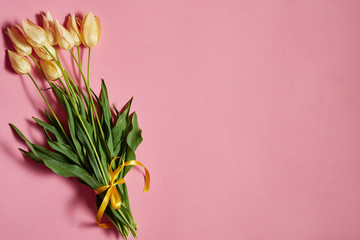 Bouquet of yellow tulips on pink pastel background, copy space. Spring minimal concept. Womens Day, Mothers Day, Valentine's Day, Easter, birthday. Nature background. Flat lay, top view