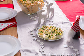 Christmas dinner table with eggs mayonnaise