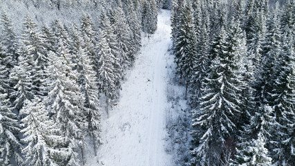 Aerial view of snowy winter forest and road