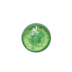 A Jar of Fresh Aloe Vera Gel isolated on white background, top of view. Aloe Vera is natural remedy for sunburn relief. Natural alternative medicine.