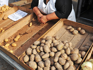Vendedora de patatas en un puesto al aire libre en el mercado de Santiago de Compostela, Galicia,...