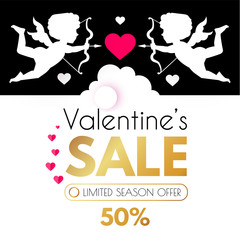 Valentine s Day Sale. Cute Design Template with Hearts, Cloud and Cupid Holding Bow and Arrow.