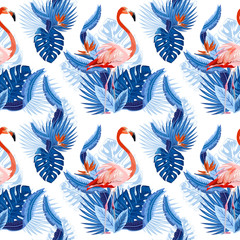 Vector seamless tropical pattern, exotic birds, vivid tropic foliage, with monstera leaf, palm leaves, bird of paradise flower. Pattern trend design.
