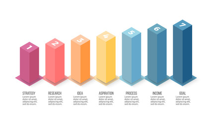 Isometric infographics. Bar chart, graph with 7 steps, options. Vector template.