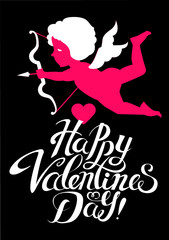 Fototapeta na wymiar Happy Valentine s Day. Cute Design Template with Hearts, Lettering and Cupid Holding Bow and Arrow.