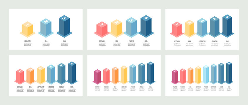Isometric infographics. Bar chart, graph with 3, 4, 5, 6, 7, 8 steps, options. Vector template.
