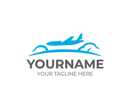 Aircraft flying above clouds logo design. Plane travel vector design. Airplane in the sky logotype