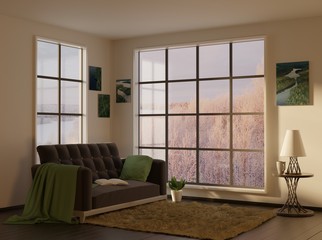 Home interior with two panoramic window. Sunset light. 3D rendering.