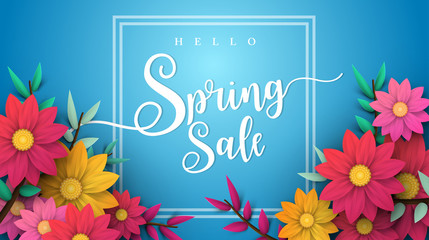 Spring Sale Banner with leaf and colorful flowers. Vector Design for your greetings card, flyers,  web banner , invitation, posters, brochure, banners, calendar, spring sale.
