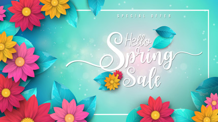 Spring Sale Banner with leaf and colorful flowers. Vector Design for your greetings card, flyers,  web banner , invitation, posters, brochure, banners, calendar, spring sale. © max vector