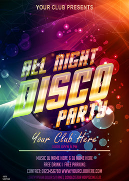 Let`s dance party invitation. All night disco party vector poster with chic gold flare headline and bokeh on a colorful background.