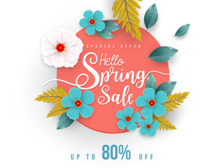 Spring Sale Banner with leaf and colorful flowers. Vector Design for your greetings card, flyers,  web banner , invitation, posters, brochure, banners, calendar, spring sale.