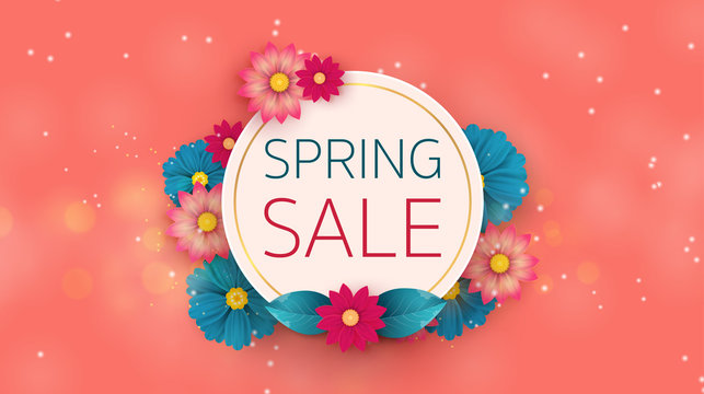 Spring Sale Banner with leaf and colorful flowers. Vector Design for your  greetings card, flyers, web banner , invitation, posters, brochure,  banners, calendar, spring sale. Stock Vector