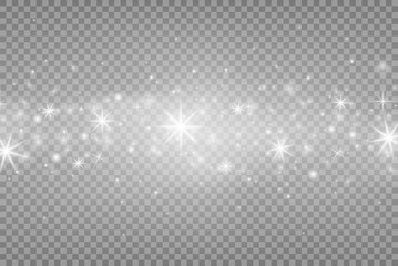 White sparks and silver shiny stars with light effect. Magic dust particles. Vector sparkles effect on transparent background. Christmas and New year abstract pattern. Vector illustration