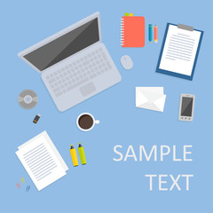 Office desk and workspace vector flat illustration