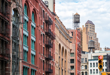 Fototapeta na wymiar View of the old buildings on Franklin Street in the Tribeca neighborhood of Manhattan, New York City