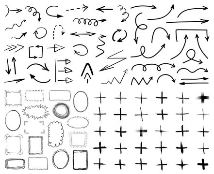 Collection of black hand drawn arrows,frames and plus symbols isolated on white background. Simple, grunge, sketch, modern style. Vector illustration