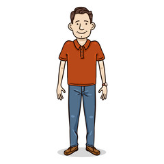 Vector Cartoon Character - Young Man in Jeans and Red Shirt. Casual Outfit.