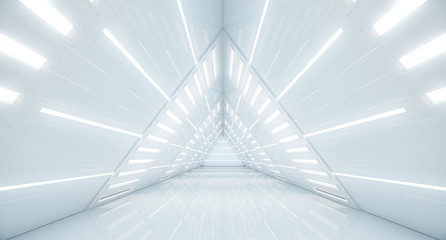 Abstract Triangle Spaceship corridor. Futuristic tunnel with light. Future interior background, business, sci-fi science concept. 3d rendering