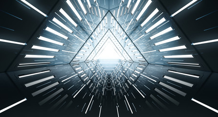 Obraz premium Korytarz statku kosmicznego streszczenie trójkąt. Futurystyczny tunel ze światłem. Przyszłe tło wnętrza, biznes, koncepcja nauki science-fiction. Renderowania 3d