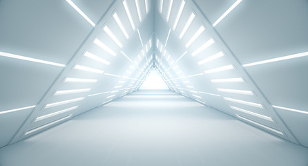 Obraz premium Abstract Triangle Spaceship corridor. Futuristic tunnel with light. Future interior background, business, sci-fi science concept. 3d rendering