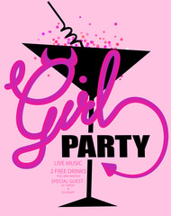 Girls party poster with devil style lettering and cocktail glass on the background. Vector illustration