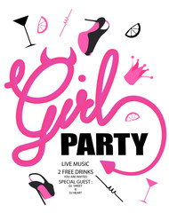 Girls party with devil style lettering and girls party objects. Vector illustration