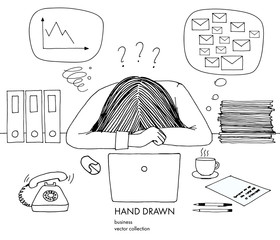 Young businesswoman laid her head down on the table. Telephone rings, a lot of inbox mails, bad schedule, no idea what to do. Hand drawn black and white vector sketch illustration isolated