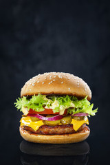Delicious burger with lettuce, cheese, cucumbers, onion and tomato on dark background