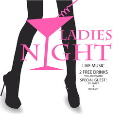 Ladies night party invitation card with woman's legs and cocktail glass as a panties. Vector illustration