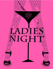 Ladies night poster with young woman's legs in spoiled tights. Vector illustration