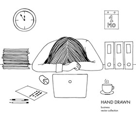 Young businesswoman laid her head down on the table. Frustrated, exhausted, sleepy, tired of work. Laptop, computer, pc, papers, coffee. Hand drawn black white line vector sketch illustration isolated