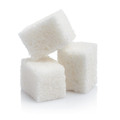 Close-up of three white sugar cubes, isolated on white background - obrazy, fototapety, plakaty