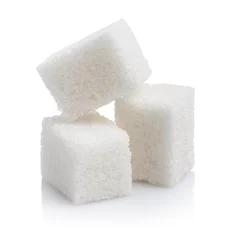 Foto op Plexiglas Close-up of three white sugar cubes, isolated on white background © Yeti Studio