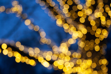 Abstract background yellow bokeh lights, branches of a tree in winter with blue sky and snow, natural landscape, warm feeling, warmth 