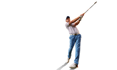 Male golf player on white background. Isolated golfer with golf club taking a shot - obrazy, fototapety, plakaty