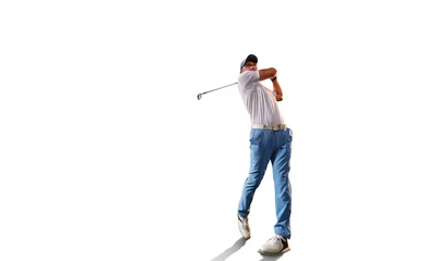 Selbstklebende Fototapeten Male golf player on white background. Isolated golfer with golf club taking a shot © Alex