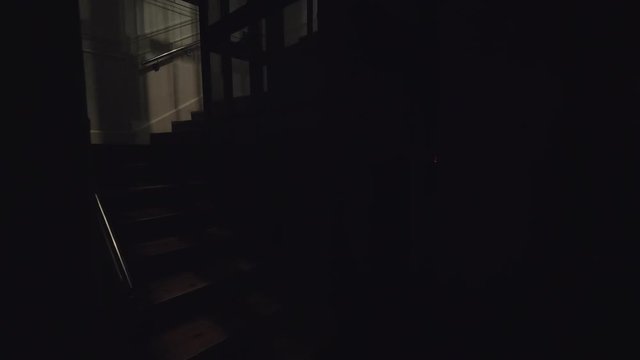 Darkness with following view to the elevator coming down and enlighting the wooden staircase of entrance hall