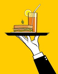 Waiter hand holding sandwich and orange juice on tray