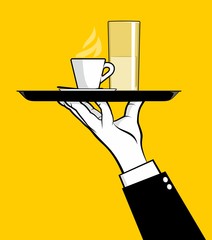 Waiter holding tray of coffee and water glass