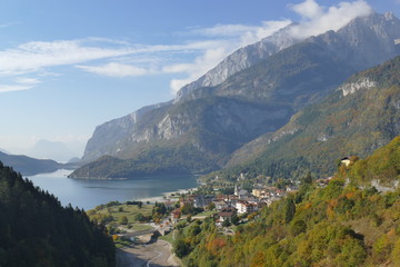 Fototapeta na wymiar Molveno Lake and Dolomites Mountains panorama
