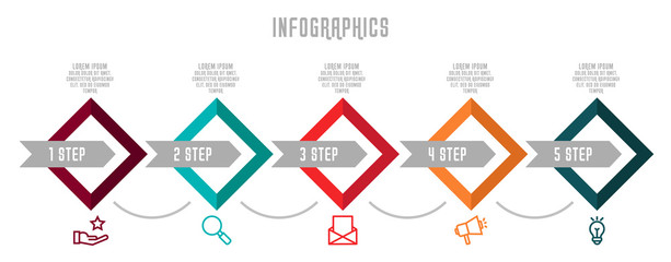 Modern 3D vector illustration. Infographic template with five rhombus, arrows. Timeline step by step. Designed for business, presentations, web design, diagrams, chart, training with 5 steps