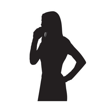 Business woman calling on cell phone, isolated vector silhouette