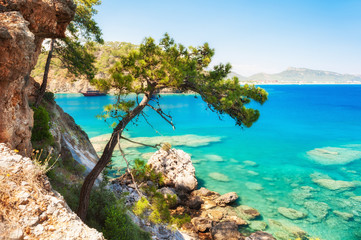 Beautiful sea coast with turquoise water near Kemer, Turkey.
