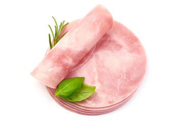 Turkey Ham with herbs, top view, isolated on a white background