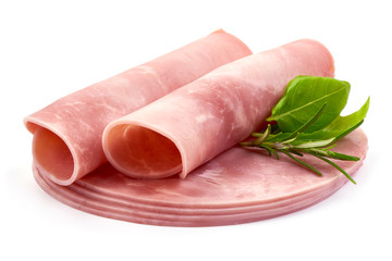 Thinly Sliced Ham with herbs, close-up, isolated on a white background