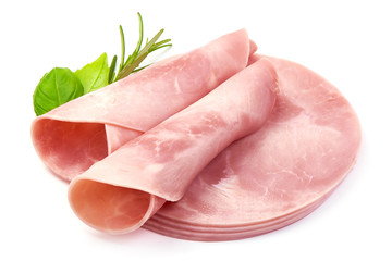 Twisted Boiled Ham with herbs, close-up, isolated on a white background