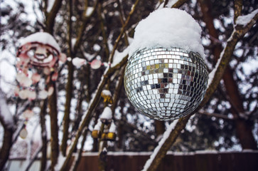 Snow covered disco ball on garden tree.