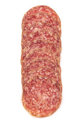 Sliced Salami. Thin Smoked sausage slices, isolated on a white background. Top view